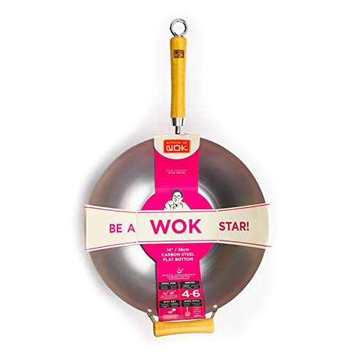 School of Wok - 14"/36cm Carbon Steel Wok, flat bottom, bamboo handle - 5017039164271
