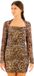 Guess Jurk L Bruin Polyester Dierenprint Lange mouw Vierkante hals Rits