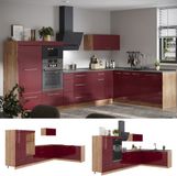 Vicco Hoekkeuken Fame-Line, Bordeauxrode hoogglans/Goudkleurig Eiken, 347 x 207 cm, WB Marmer