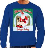 Bellatio Decorations Foute Kersttrui - sweater - Merry Shitmas Losing a Turkey - blauw - voor heren - kerstkleding / kerst outfit S