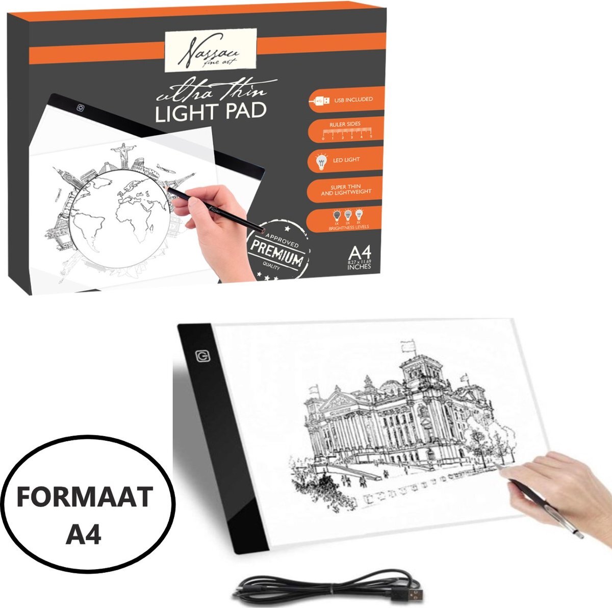 Nassau Fine Art A4 Lightpad - Dimbare Lichtbak - voor Tekenen en Diamond Painting