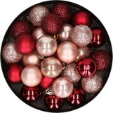 Merkloos / Sans marque Kaemingk B.V. 28x Kunststof Kerstballen Donkerrood en Lichtroze Mix 3 cm