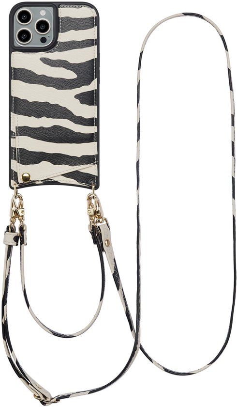 Selencia Hoesje - Geschikt voor Apple iPhone 15 Pro - Backcover met koord en pashouder - Zazzy Zebra