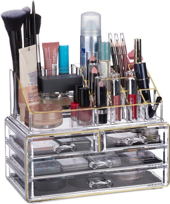 Merkloos Relaxdays Make-up organizer acryl, 2-delige make-up bewaardoos met lippenstifthouder en 4 laden, transparant/goud