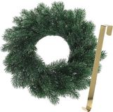Merkloos Kerstkrans 35 cm - blauwgroen - met gouden hanger/ophanghaak - kerstversiering