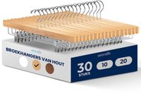 SereneLife Houten Kledinghangers - 30 Stuks - Broekhangers en Rokhangers - 36 cm - Natuurlijk Hout - Met Klemmen - Anti-Slip - 360° Draaibare Haak