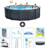 Intex Rond Graphite Gray Panel Zwembad - 478 x 124 cm - Inclusief Pomp - Ladder - Grondzeil - Afdekzeil - Schoonmaakset - Onderhoudspakket - 9-delig