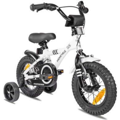 PROMETHEUS BICYCLES Kinderfiets 12 inch wit - zwart - vanaf 3 jaar - met zijwieltjes