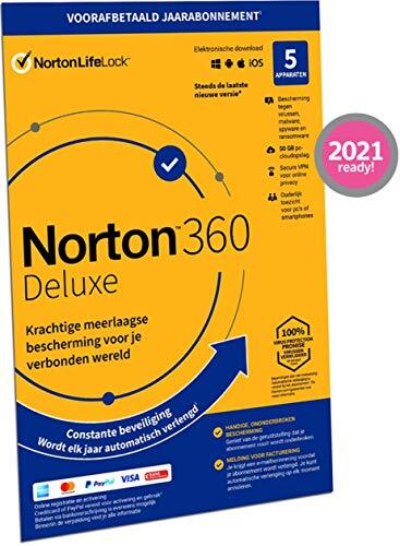 Norton Norton 360 Deluxe 2020, 5 Apparaten, 1 Jaar abonnement met automatische verlenging, Secure VPN en Password Manager, PCs, Macs, tablets en smartphones, envelop, past in de brievenbus