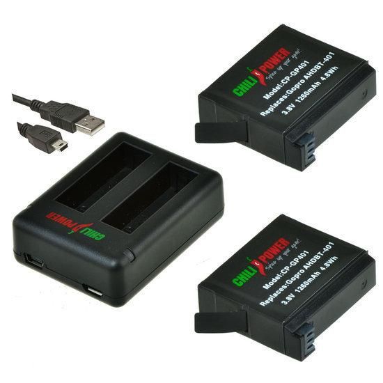 ChiliPower 2 x AHDBT-401 accu's voor GoPro Hero4 - inclusief USB duo lader