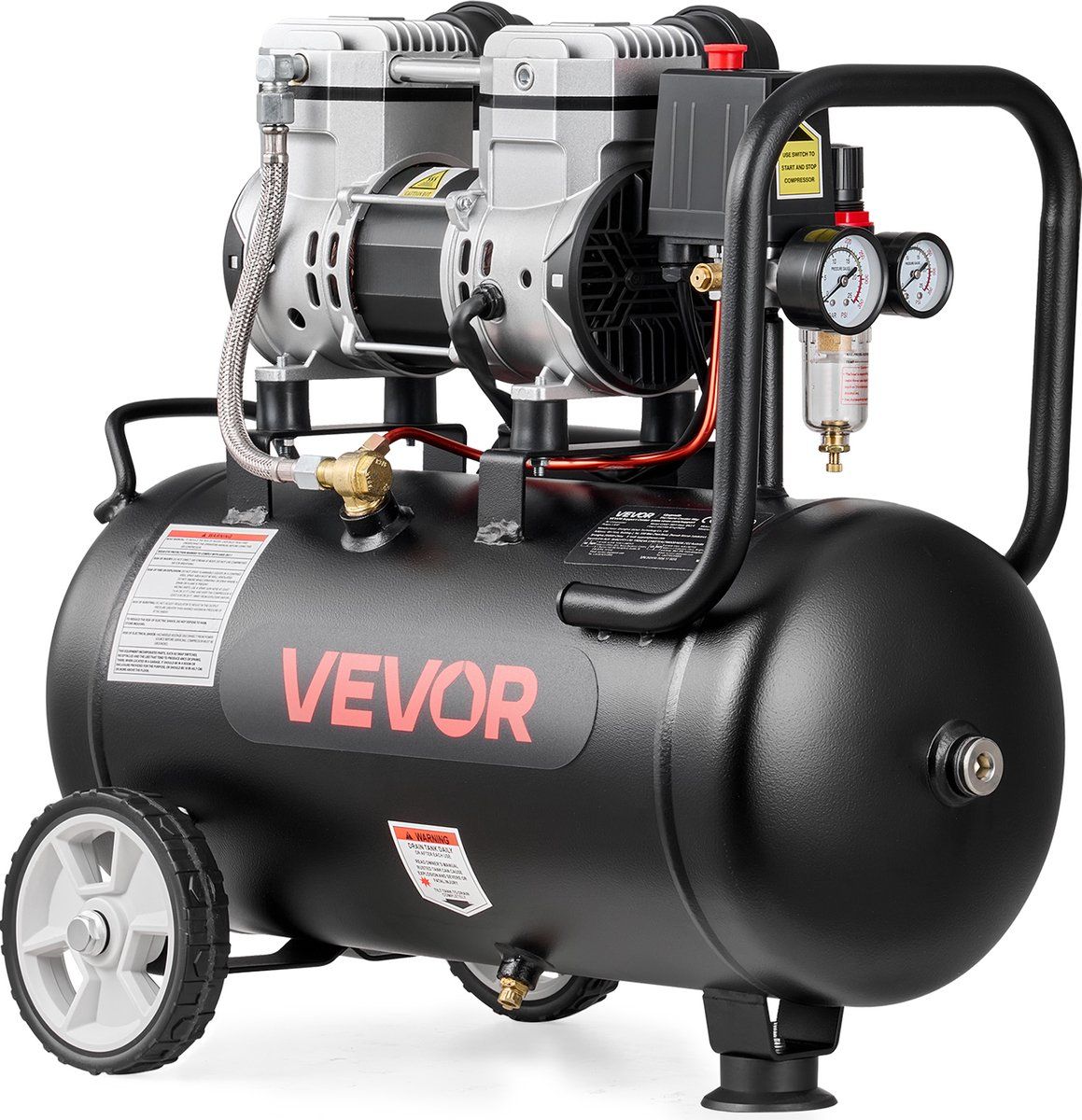 VEVOR 1,1 KW persluchtcompressor, olievrije compressor met 24 L luchttank, fluistercompressor met 68 l/min bij 6,2 bar & max. 8 bar, draagbare luchtcompressor met wielen & handvat voor werkplaats