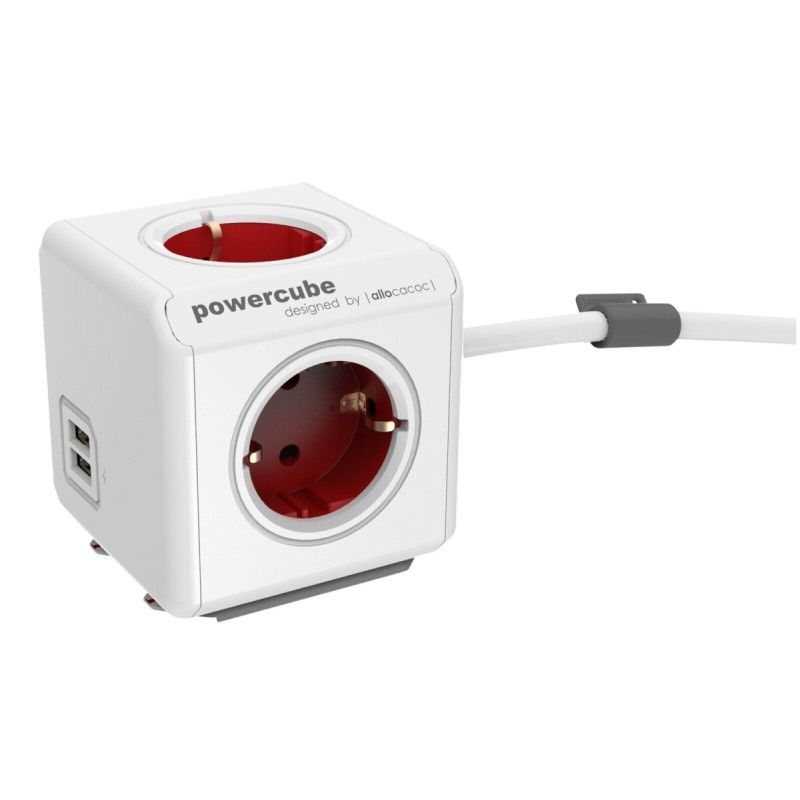 Allocacoc PowerCube Extended USB - Stekkerdoos - 2x USB - 1.5m - Rood/Wit