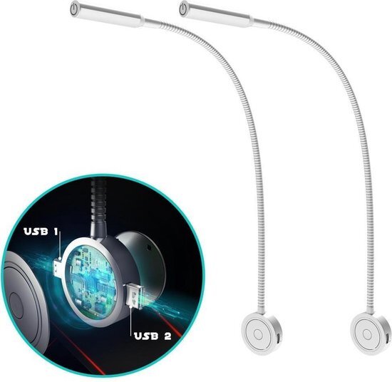 Bolt Electronics® BLLIQ2011 Leeslamp 2 stuks – Bedlamp met 2 USB's - Nachtlampje voor Volwassenen - Wandlamp met Dimfunctie - Zilver