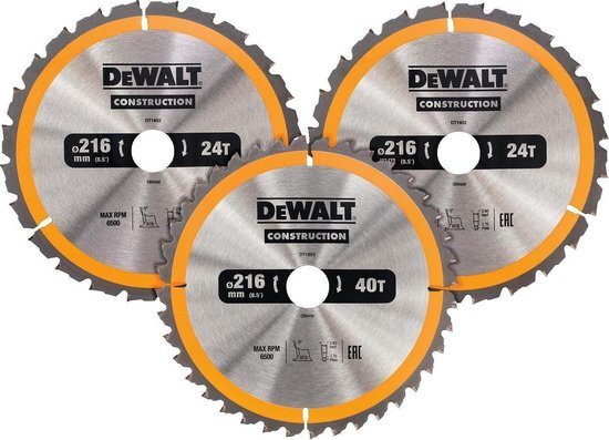 DeWalt DT1962 3-delige Construction Cirkelzaagbladen set - 165 x 30 x 24T / 40T - Hout Met nagels