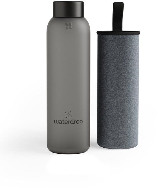 waterdrop® Glazen Drinkfles 600 ml - Black Frosted - Duurzame Waterfles van Borosilicaatglas - Met Neopreen Beschermhoes en Bamboe Dop - 0.60 l