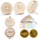 Set de 2 boîtes à dents de lait en bois avec cartes souvenirs et pièce de monnaie