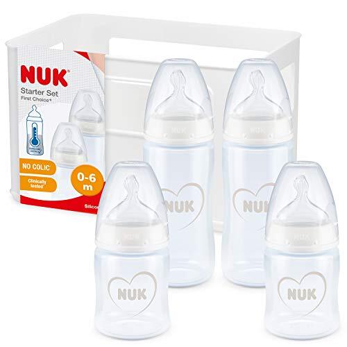 NUK 10225214 First Choice Plus babyflessen, startersset, met 4 babyflessen inclusief siliconen drinkzuigers & flessenbox, 2x 150ml & 2x 300ml, 0-6 maanden, blauw, 459 g