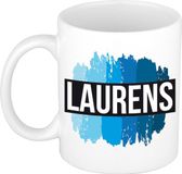Bellatio Decorations Shoppartners Bv Laurens naam cadeau koffie mok - beker - met blauw verfstrepen - Cadeau collega - vaderdag - verjaardag - meester - coach - 300 ml - wit