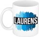 Bellatio Decorations Shoppartners Bv Laurens naam cadeau koffie mok - beker - met blauw verfstrepen - Cadeau collega - vaderdag - verjaardag - meester - coach - 300 ml - wit