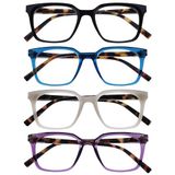 OPULIZE KOI Leesbrillen 4-Pack - Groot Rechthoekig Montuur - Zwart-Blauw-Paars-Grijs - Heren Dames - Veerscharnieren - RRRR50-1357 - +2.50