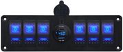 ProRide Schakelpaneel 12V voor Auto/Boot - USB/USB C Autolader 2 Poorten met Wattagemeter - 45W - QC3.0 - 6 schakelaars - Blauw