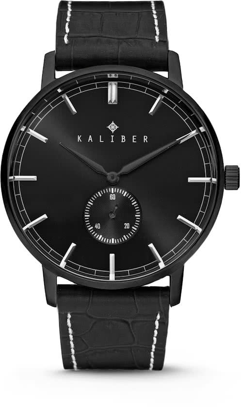 Kaliber 7KW-00006 - Stalen Horloge met Leren Band - Zwart - 40 mm