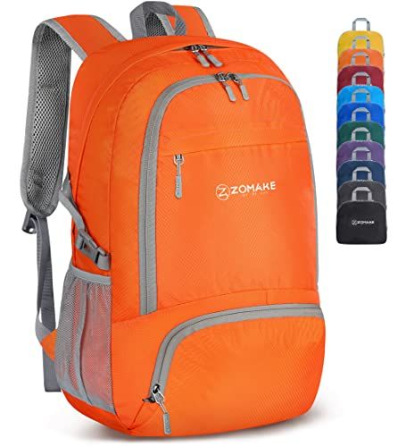 ZOMAKE Lichtgewicht opvouwbare rugzak, 30 liter, kleine opvouwbare rugzak, wandelrugzak, waterdicht, voor dames en heren, outdoor, wandelen, oranje, L