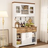 MODFU Buffetkast - Met Vitrinekasten En 2 Laden - Modern - Voor Keuken Of Eetkamer - Spaanplaat - Wit En Natuurlijke Houtkleur - 106 X 39 X 176,5 Cm