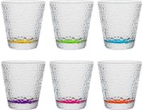 Vivalto Waterglazen/drinkglazen Colorama - 6x stuks - transparant/kleurenmix bodem - 310 ml - 9 x 9 cm