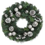 40 cm kerstkrans, kunstkrans voor de voordeur, dennennaaldenkrans met kerstballen, dennenappels, bessen, zilver