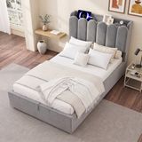 STILVORA Kinderbed 90 x 200 cm – Functiebed Met Leeslamp En Oplaadpoorten – Grote Opbergruimte Onder Bed En Hoofdbord – Fluweel – Grijs – Zonder Matras