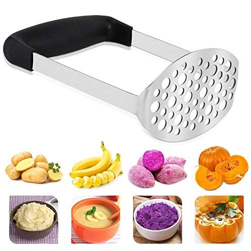 Vegena Aardappelstamper, gladde aardappelstamper van roestvrij staal, babyvoeding, fruit, groentenstamper met zwart handvat voor gepureerde groenten en fruit