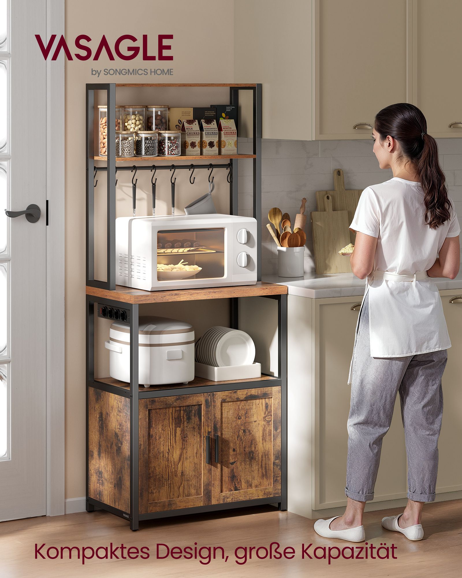 VASAGLE Vinta Keukenrek met stopcontacten, Keukengarderobe, 90 cm hoog Werkbord, 8 haken Staande plank, matzwart