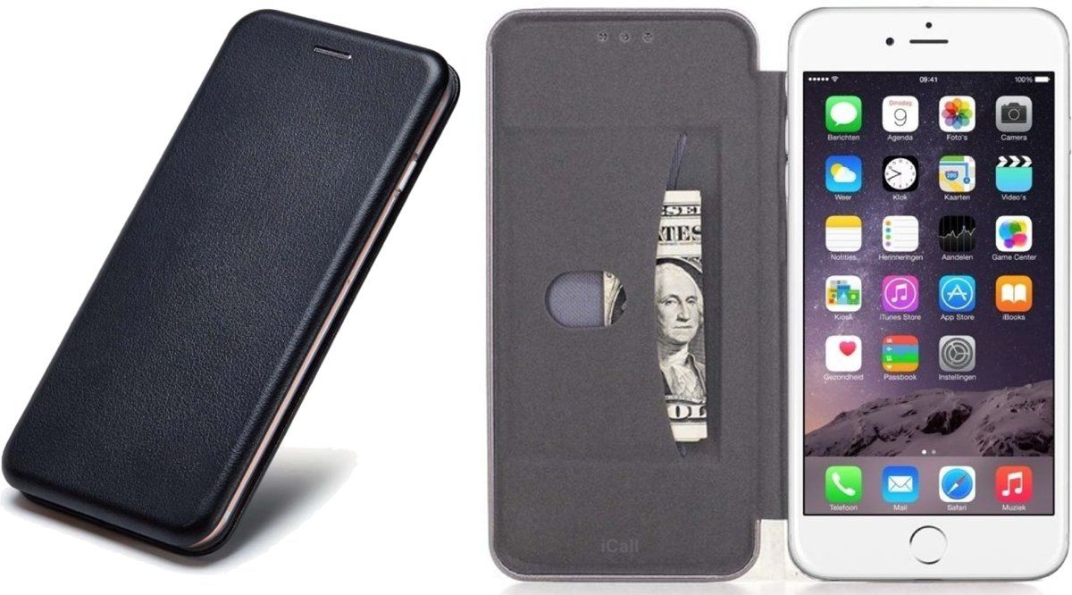 iCall Apple iPhone 6 / 6s Hoesje Wallet Book Case Zwart Hoesje Portemonnee Leer iPhone 6/6s met Vakje voor Pasjes Hoesje Cover iPhone 6/6s Case met Siliconen Houder