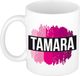 Bellatio Decorations Tamara naam cadeau koffie mok - beker - met roze verfstrepen - Cadeau collega - moederdag - verjaardag - juf - coach - 300 ml - wit