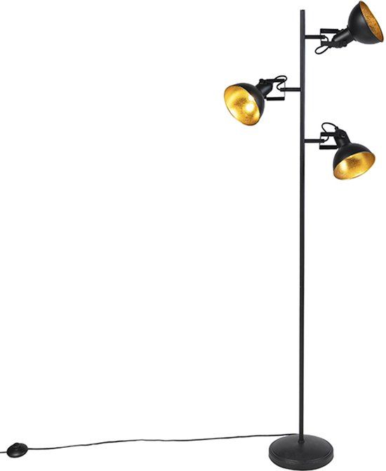 QAZQA Tommy - Industriele Vloerlamp - 3 lichts - Zwart - H 153 cm