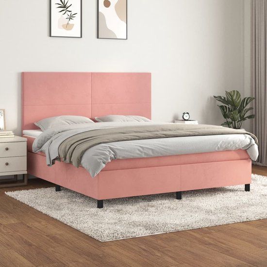 vidaXL Boxspring met matras fluweel roze 160x200 cm