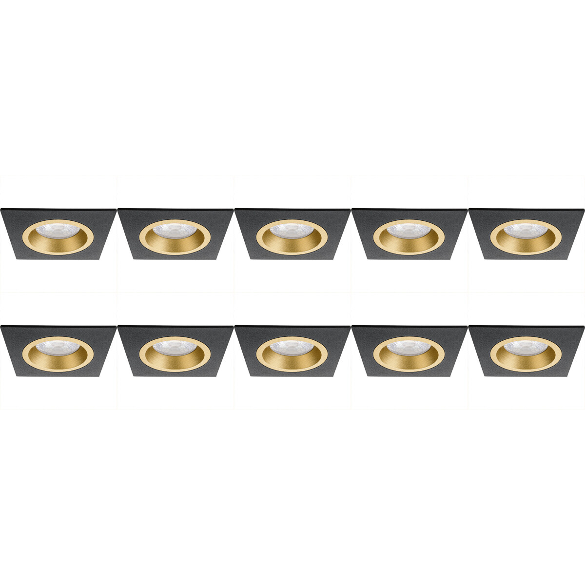 BES LED Spot Armatuur 10 Pack - Pragmi Rodos Pro - GU10 Fitting - Inbouw Vierkant - Mat Zwart/Goud - Aluminium - 93mm