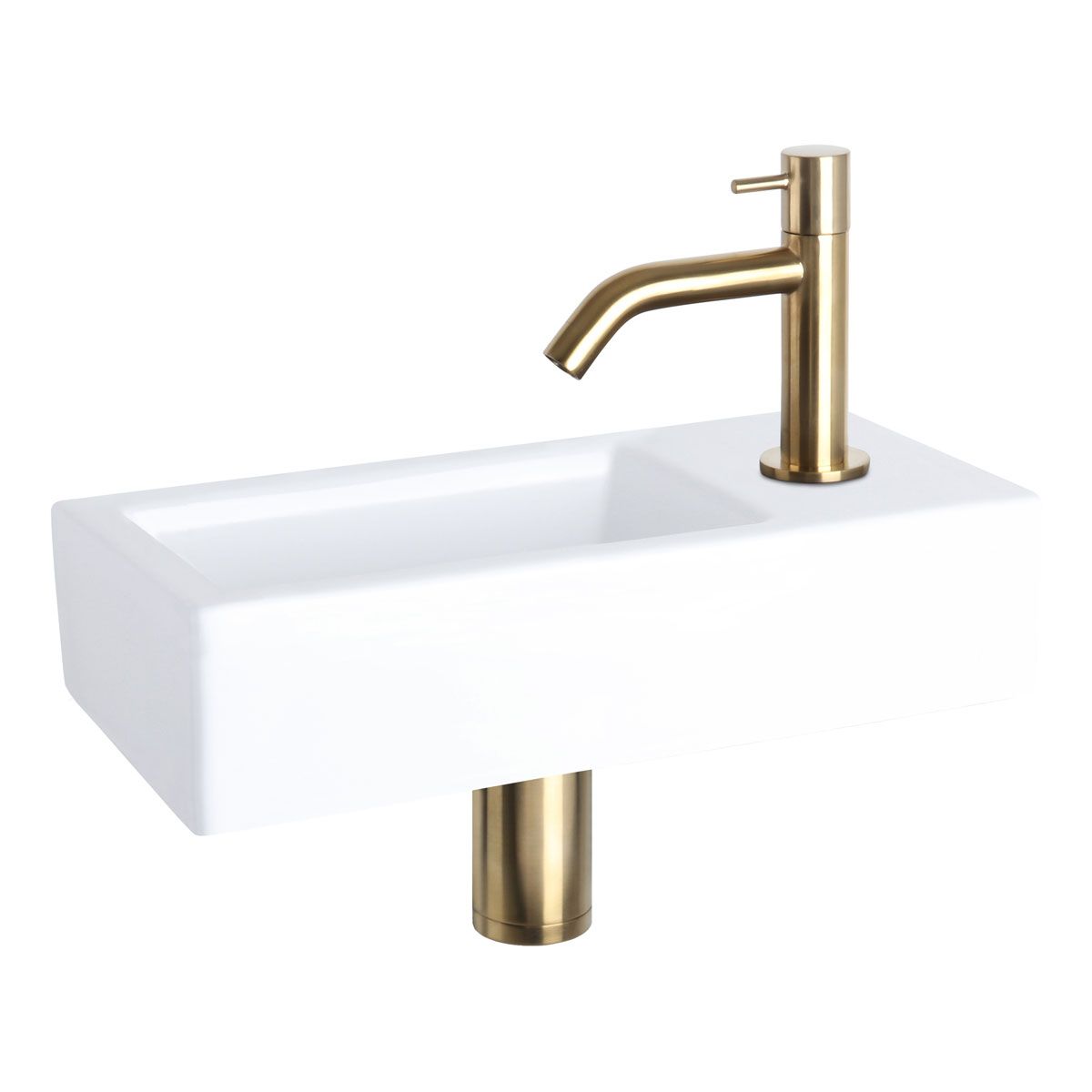 Differnz Fonteinset Ravo Rechthoek 38.5x18.5x9 Keramiek Wit Gebogen Toiletkraan Geborsteld Goud