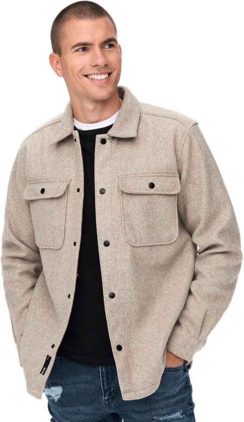 ONLY & SONS Men's Overshirt - Beige - XL - Loose Fit - Long Sleeve - Casual