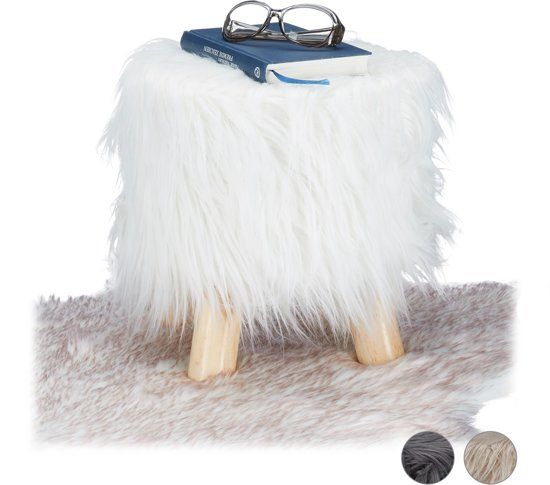 Relaxdays Krukje met vacht - houten krukje - wit/lichtbruin