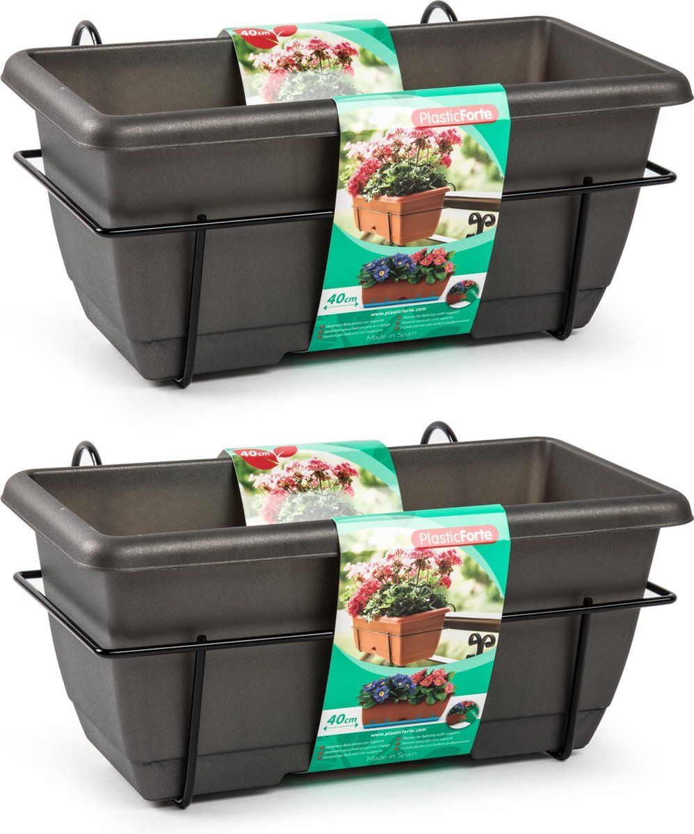 Forte Plastics 4x Balkon/schutting plantenbakken/bloembakken antraciet 40 cm met hanger