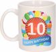 Bellatio Decorations 10 jaar Verjaardag koffiemok - cadeau beker - feestelijke ballonnen print - 300 ml - keramiek - wit