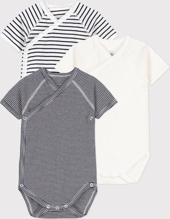 Petit Bateau - Set van 3 overslagbody's met korte mouwen en streepjes - Unisex - Maat 56 - Meerkleurig