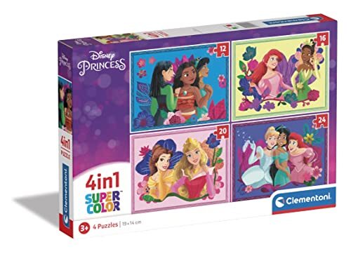 Clementoni 21517 Supercolor 4-in-1 Disney Princess-puzzel, 12, 16, 20, 24 delen vanaf 3 jaar, kleurrijke kinderpuzzel met bijzondere helderheid, behendigheidsspel voor kinderen