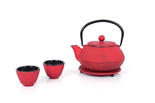 Echtwerk Gietijzeren theeservies - theepot 0,8 l met afneembare zeef, onderzetter en 2 kopjes - rood