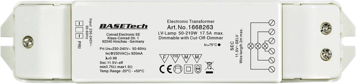 BASETECH Halogeen transformator ET-210 12 V 50 - 210 W Dimbaar met faseafsnijdingsdimmer