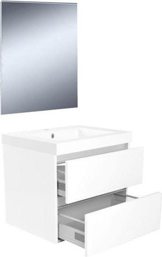 Wiesbaden Badkamermeubel Set Vision Hangend 60cm - Hoogglans Wit - Softclose - Kunstmarmeren Wastafel - Spiegel