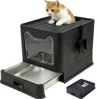 Terona B.V. Chat – Bac à litière pliable fermé avec tiroir – Sans odeur, étanche et facile à nettoyer – Double entrée/sortie – Toilette pour chat avec pelle (38,3 × 51 × 41 cm) – Noir