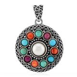Cavill - Zilveren hanger 925 Sterling Zilver - witte zoetwater kweekparel 7 mm - Kingman Mohave turkoois & carneool, boho stijl